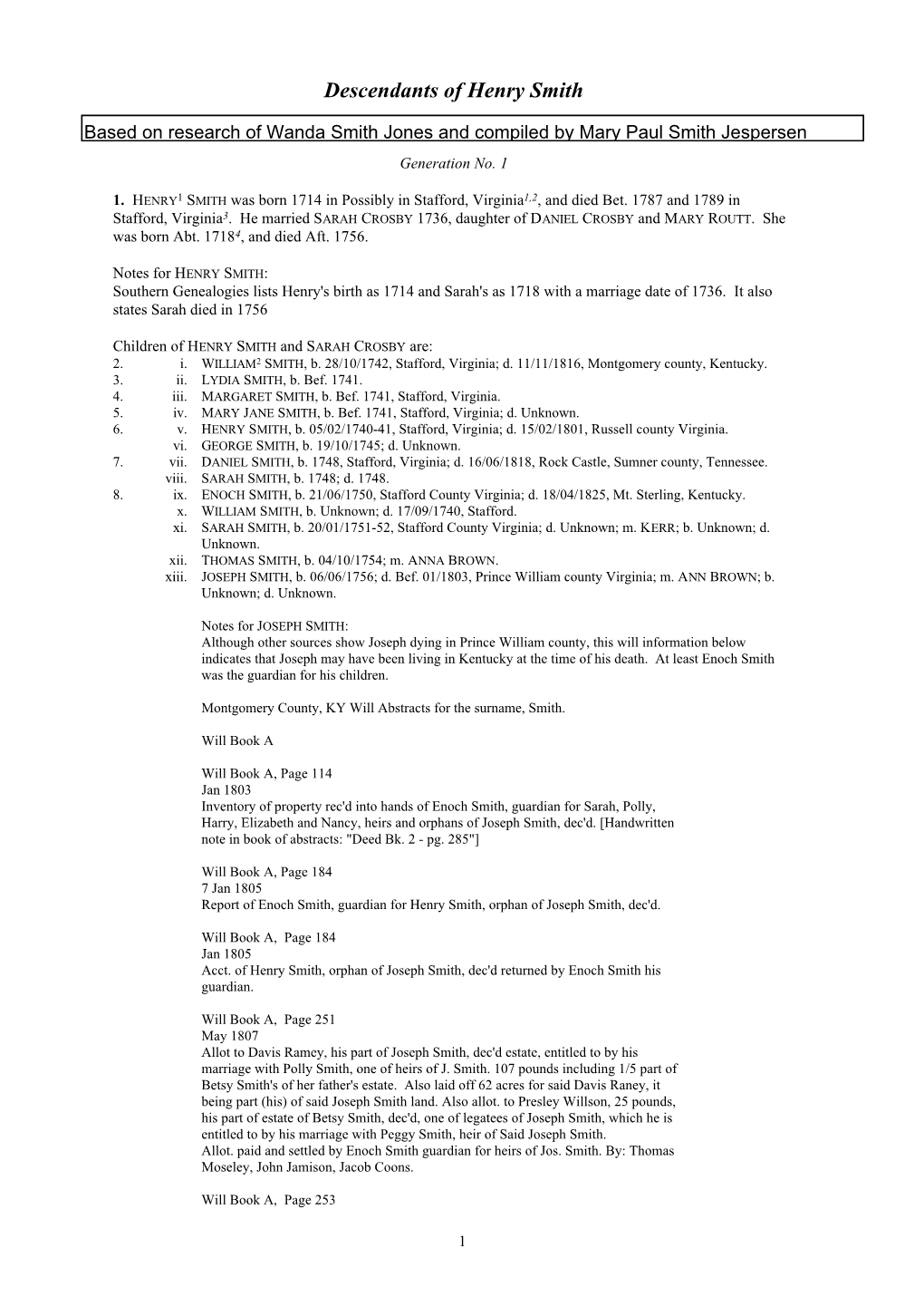 Henry Smith's Genealogy Report