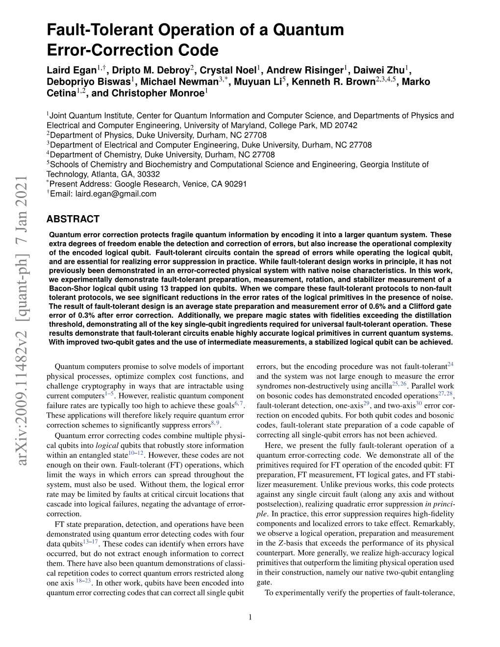 Fault-Tolerant Operation of a Quantum Error-Correction Code Laird Egan1,†, Dripto M