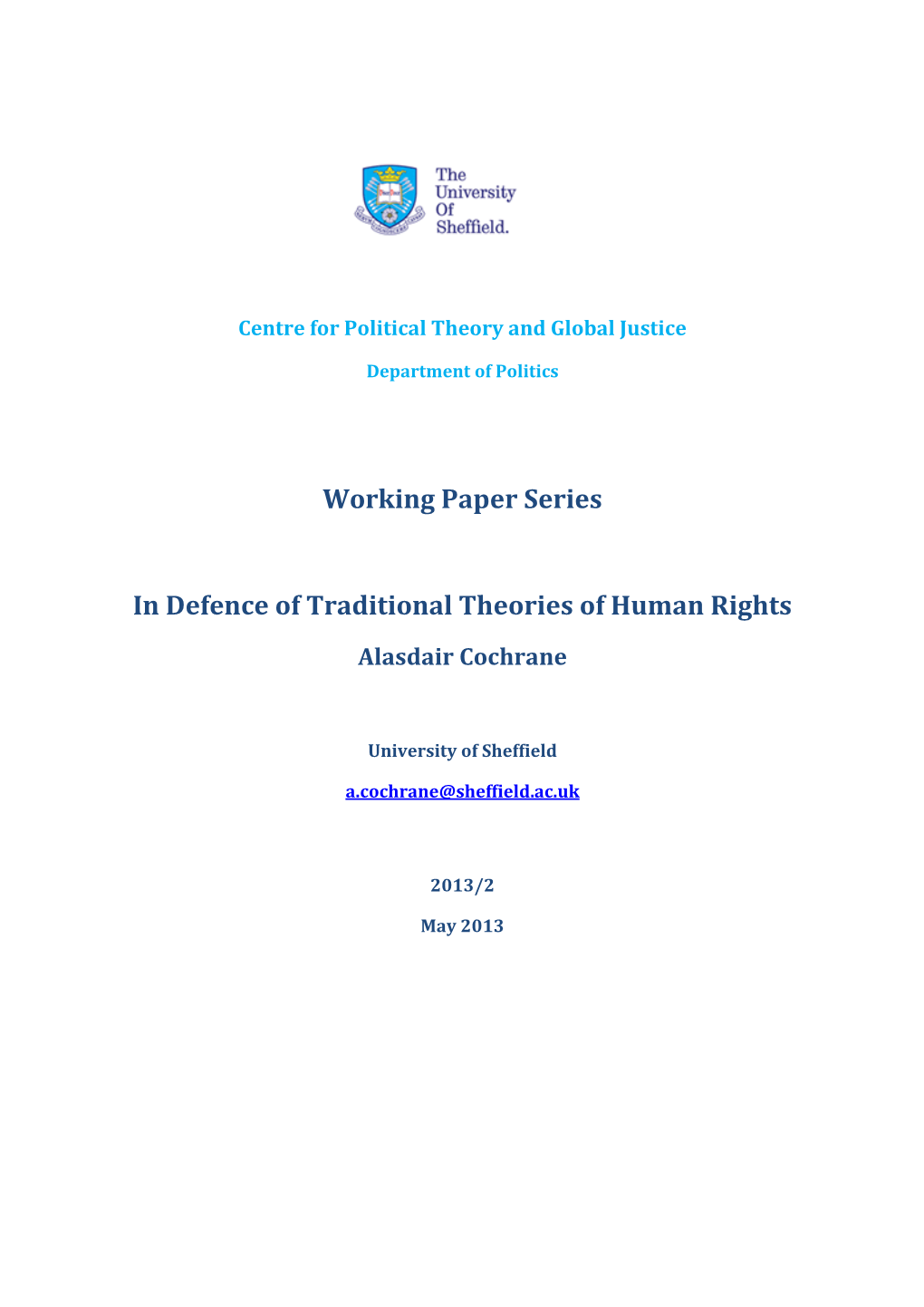 Working Paper Series in Defence of Traditional Theories of Human Rights