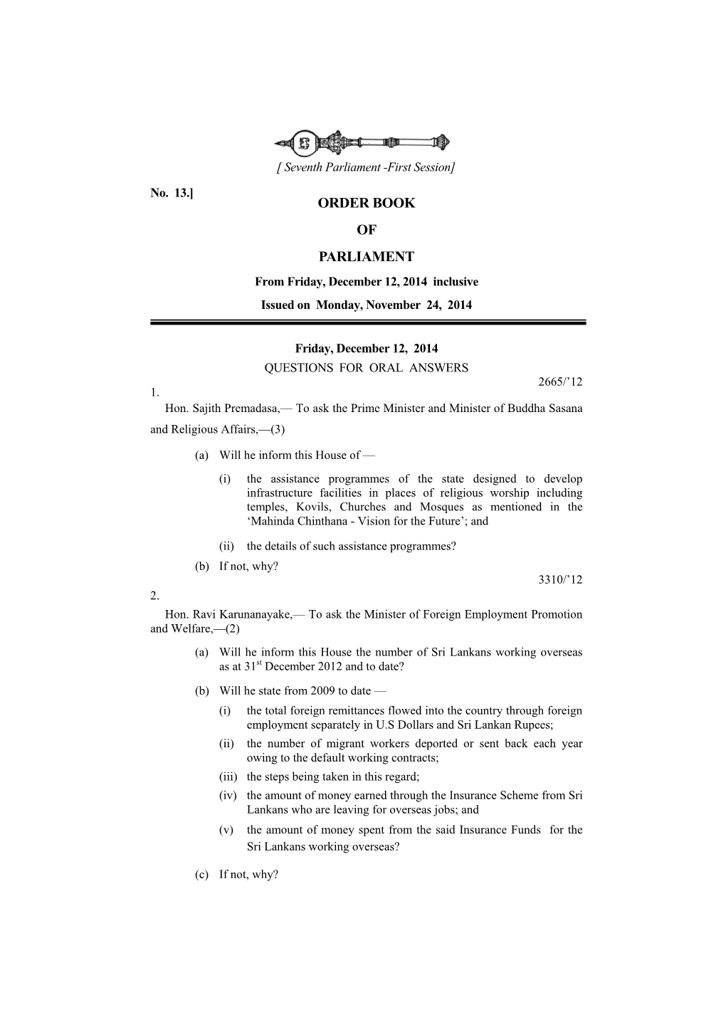 ORDER BOOK of PARLIAMENT from Friday, December 12, 2014 Inclusive Issued on Monday, November 24, 2014