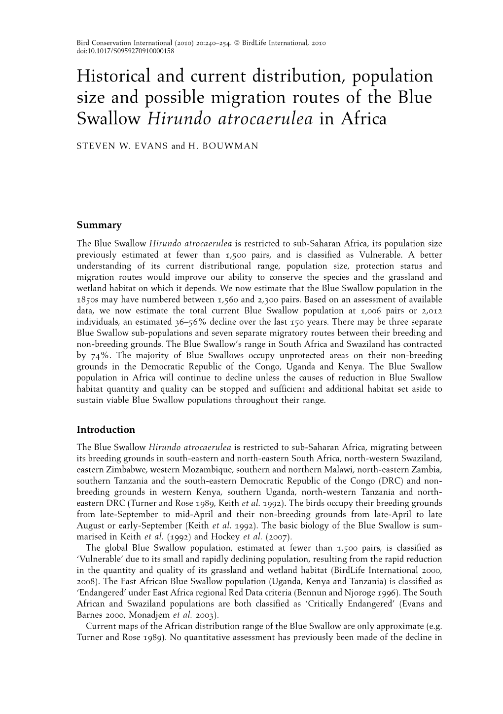 Historical and Current Distribution, Population Size and Possible Migration Routes of the Blue Swallow Hirundo Atrocaerulea in Africa