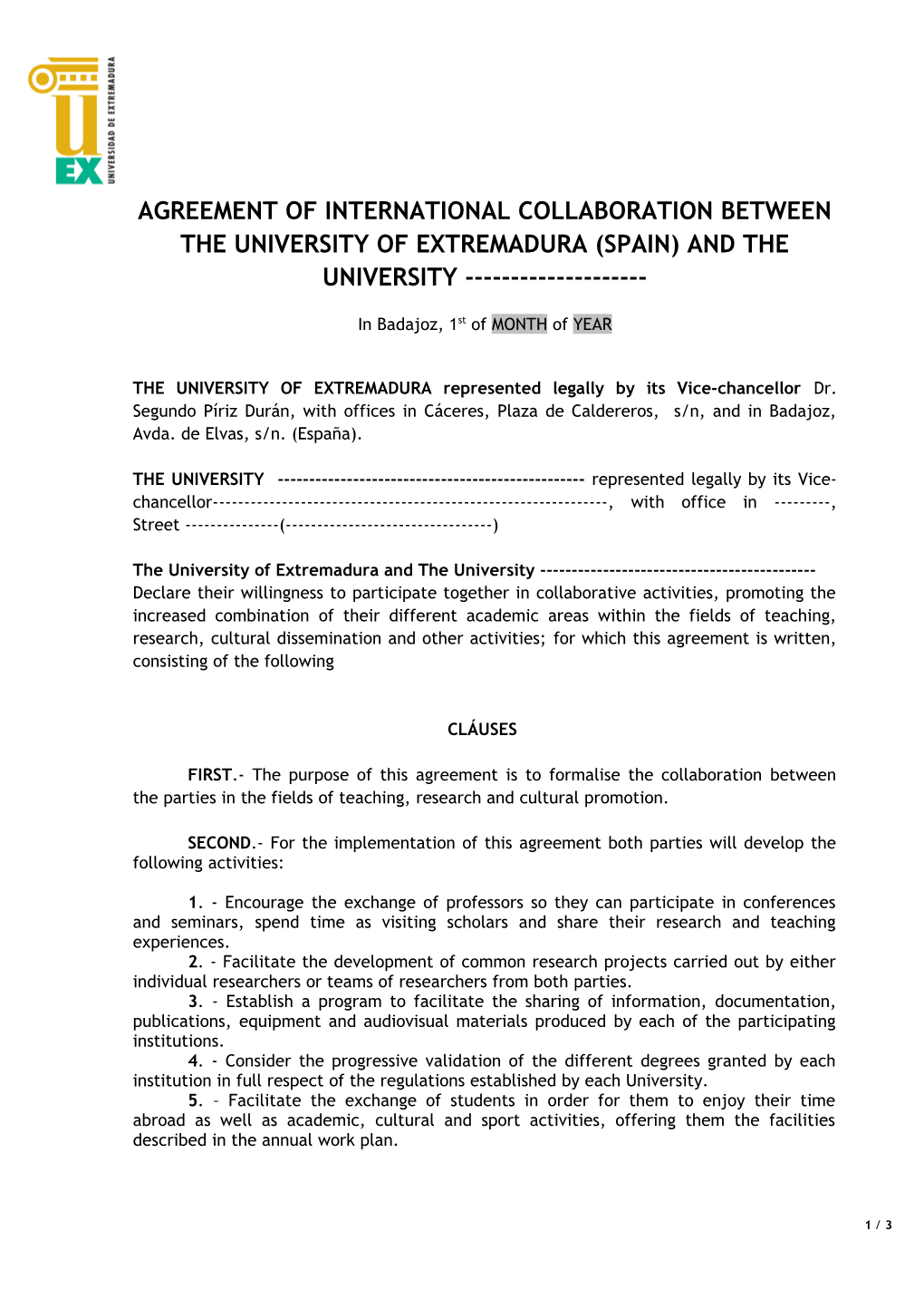 Convenio De Colaboración Internacional Entre La Universidad De Extremadura (España) Y La