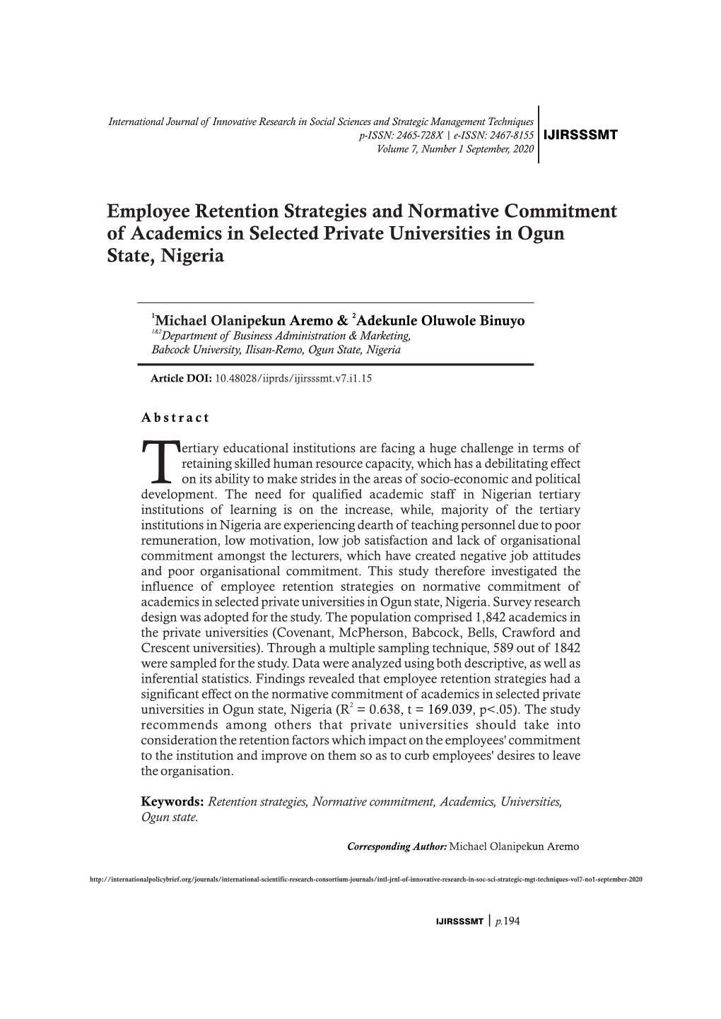 Employee Retention Strategies and Normative Commitment of Academics in Selected Private Universities in Ogun State, Nigeria