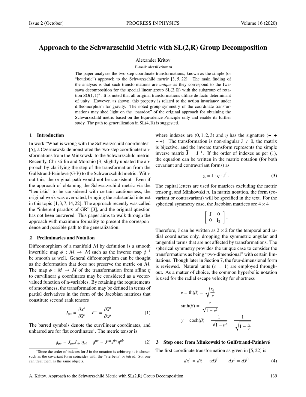 Approach to the Schwarzschild Metric with SL(2,R) Group Decomposition