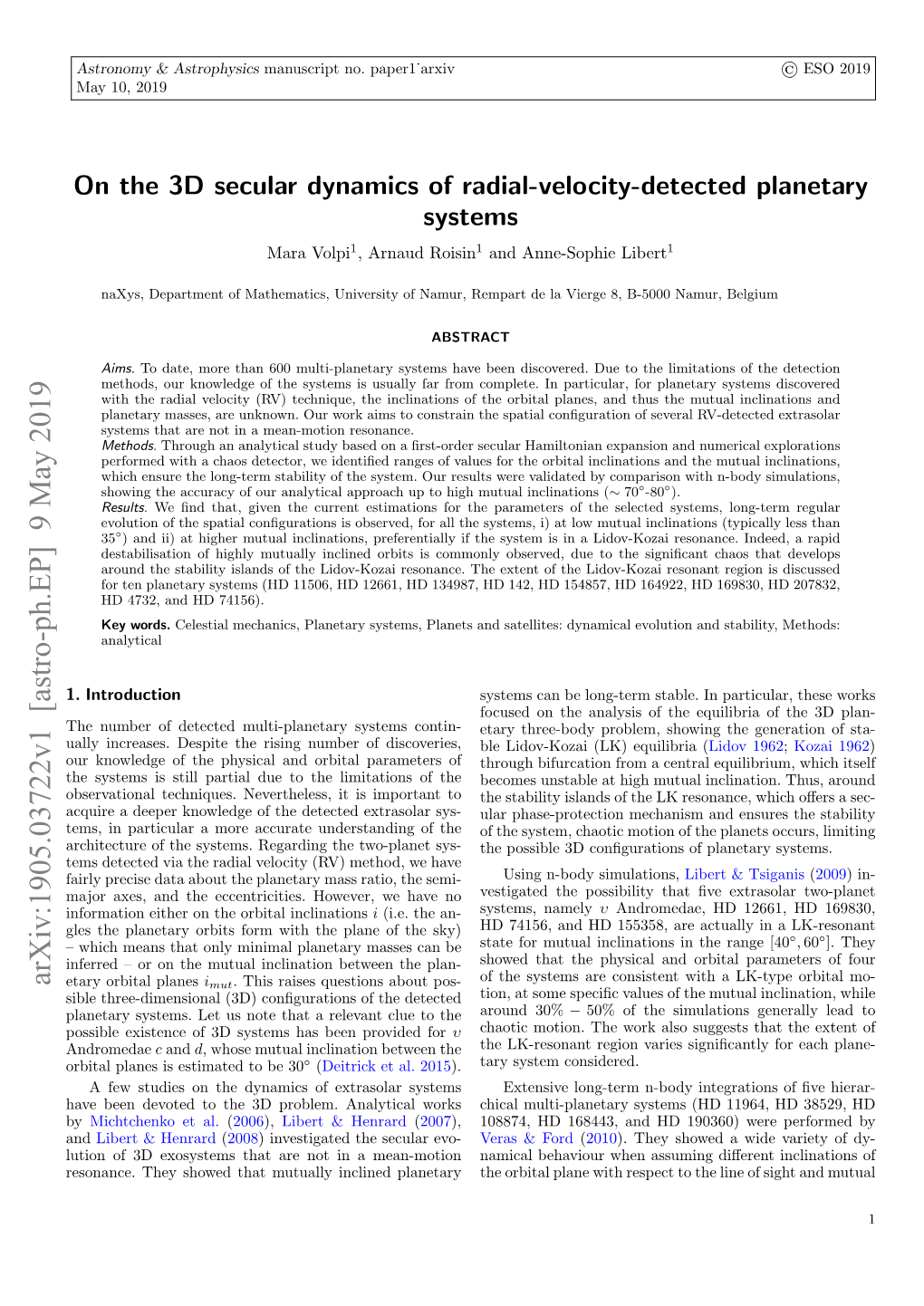 On the 3D Secular Dynamics of Radial-Velocity-Detected Planetary Systems Mara Volpi1, Arnaud Roisin1 and Anne-Sophie Libert1