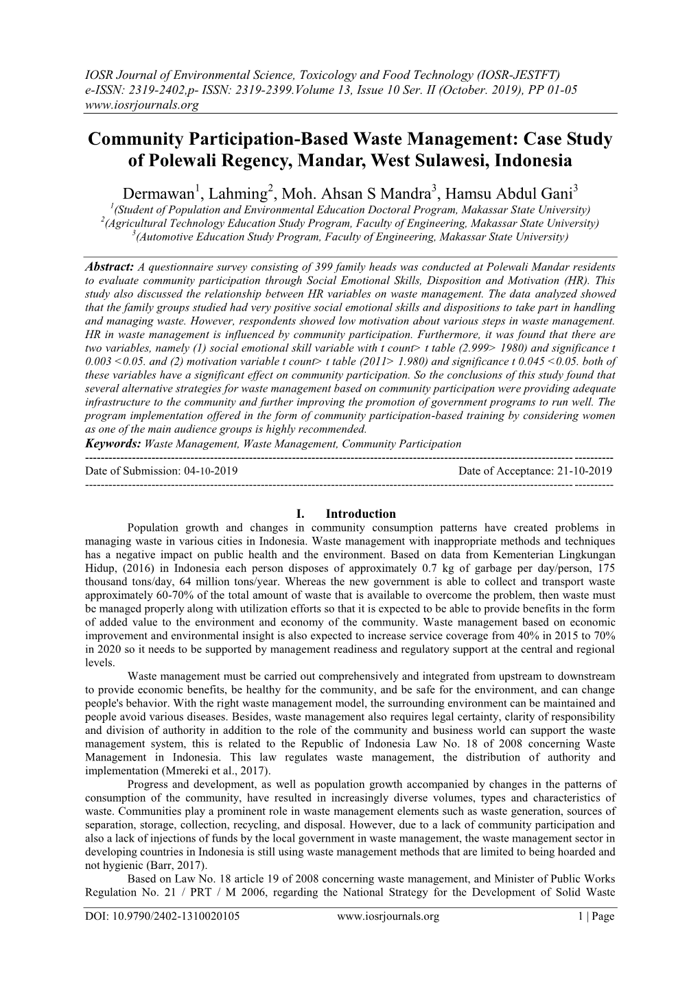 Community Participation-Based Waste Management: Case Study of Polewali Regency, Mandar, West Sulawesi, Indonesia