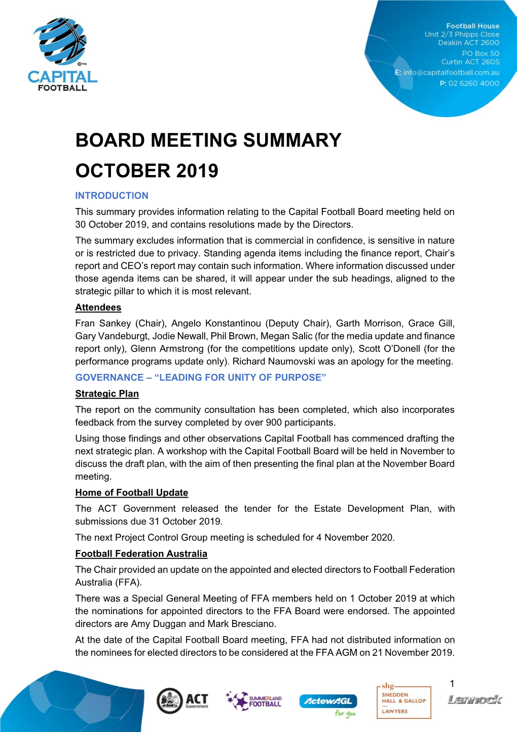 Board Meeting Summary October 2019