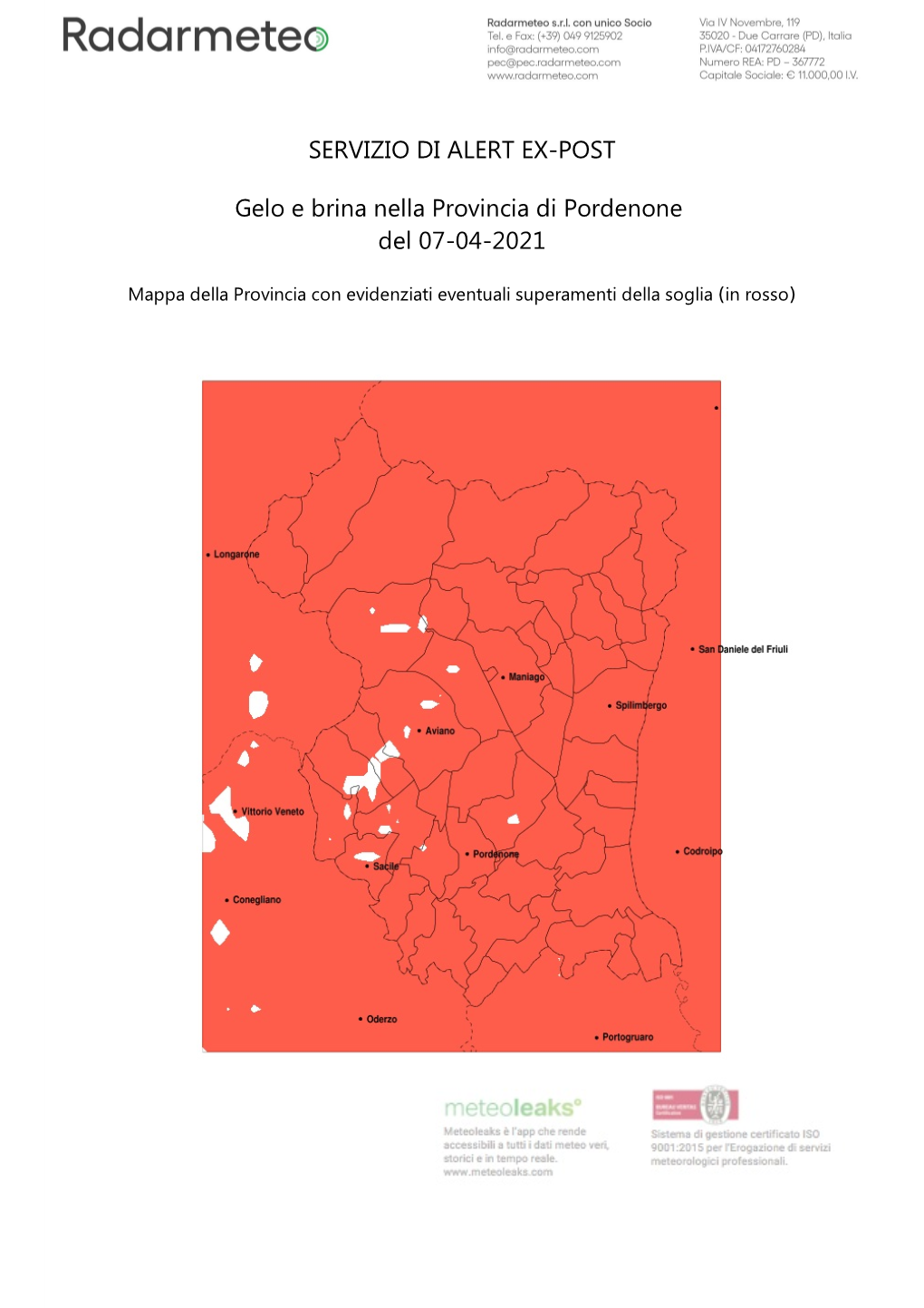 SERVIZIO DI ALERT EX-POST Gelo E Brina Nella Provincia Di Pordenone