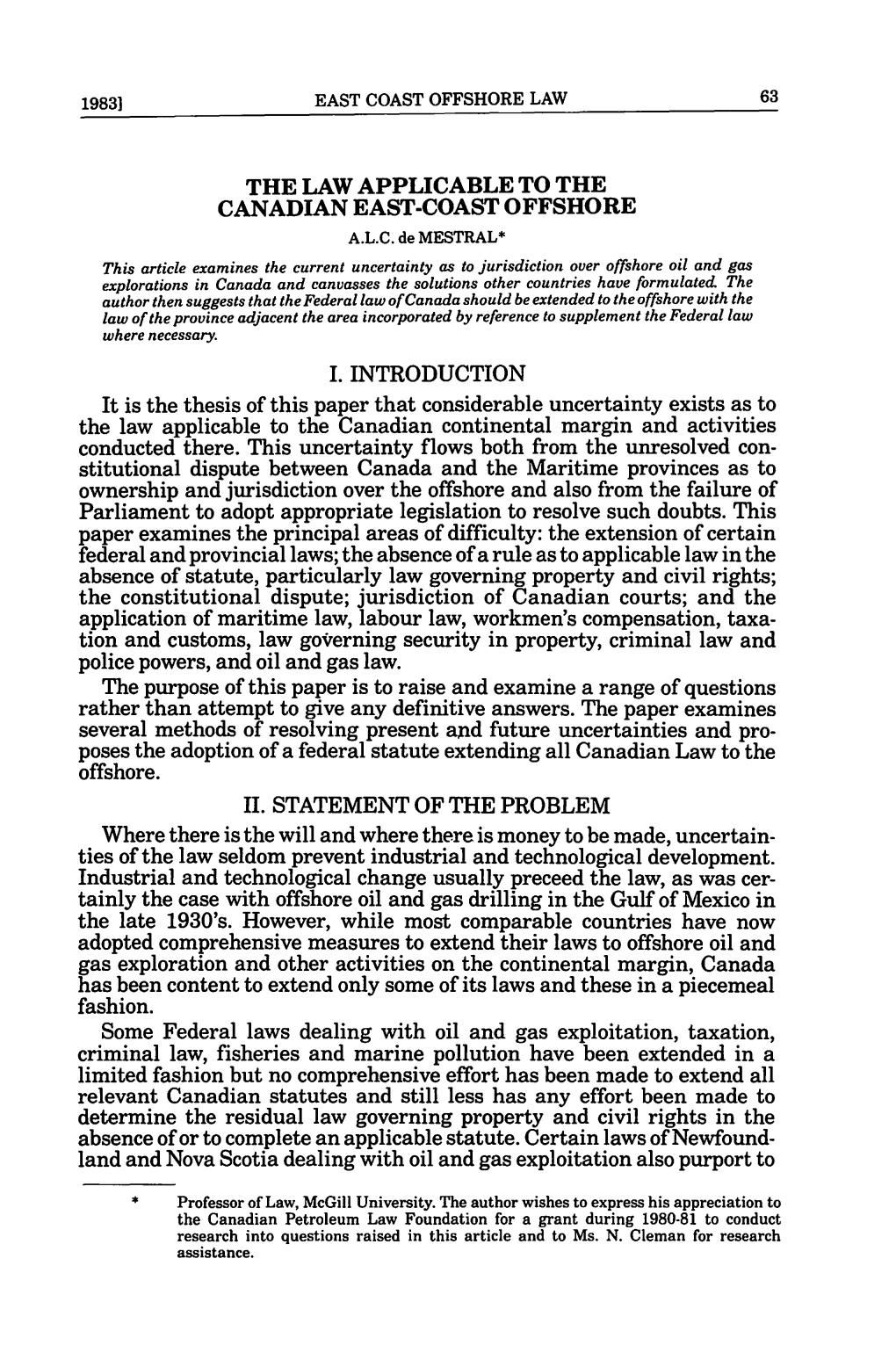 The Law Applicable to the Canadian East-Coast Offshore A.L.C