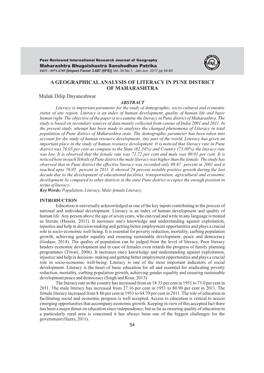 A Geographical Analysis of Literacy in Pune District Of