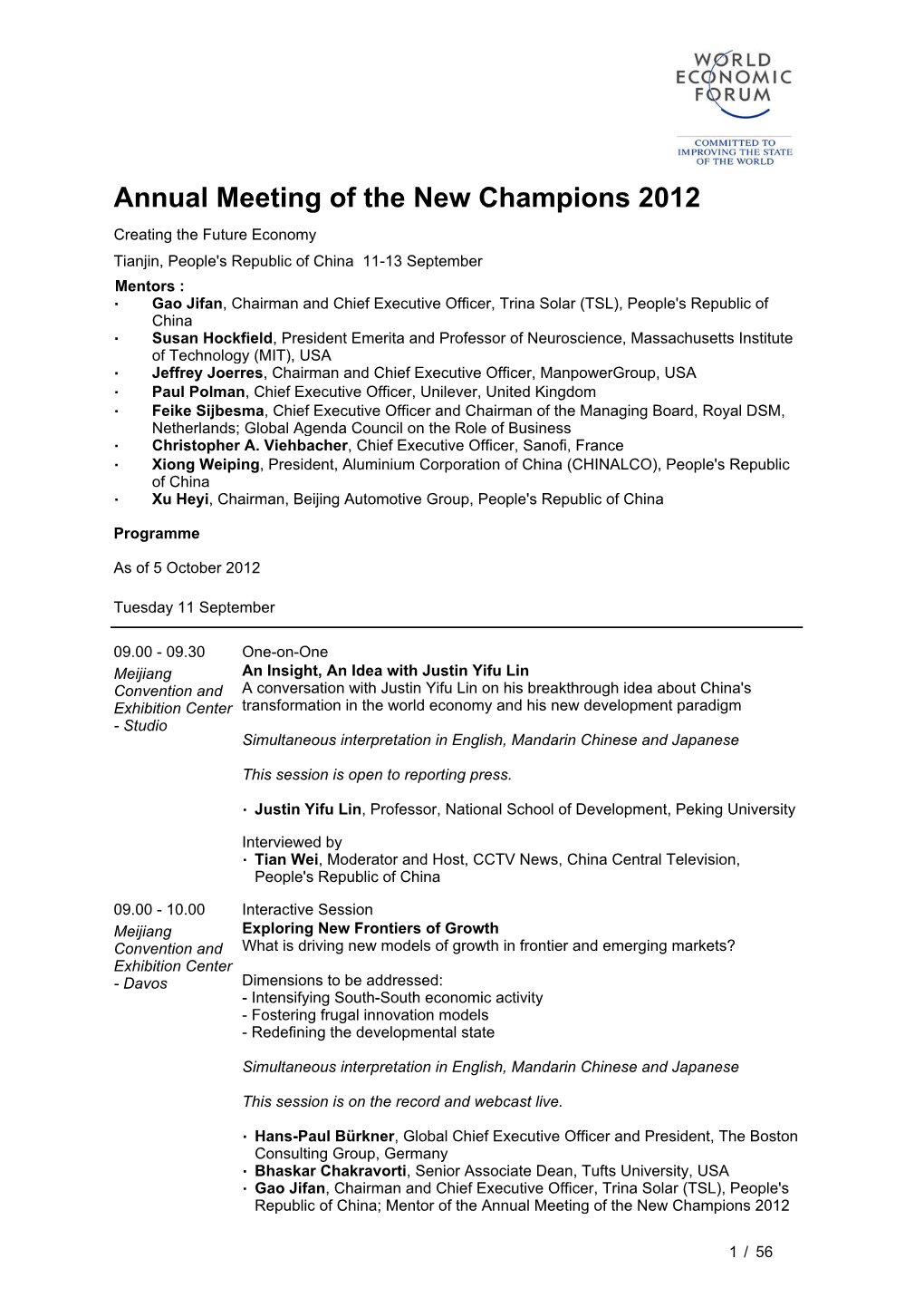 Annual Meeting of the New Champions 2012