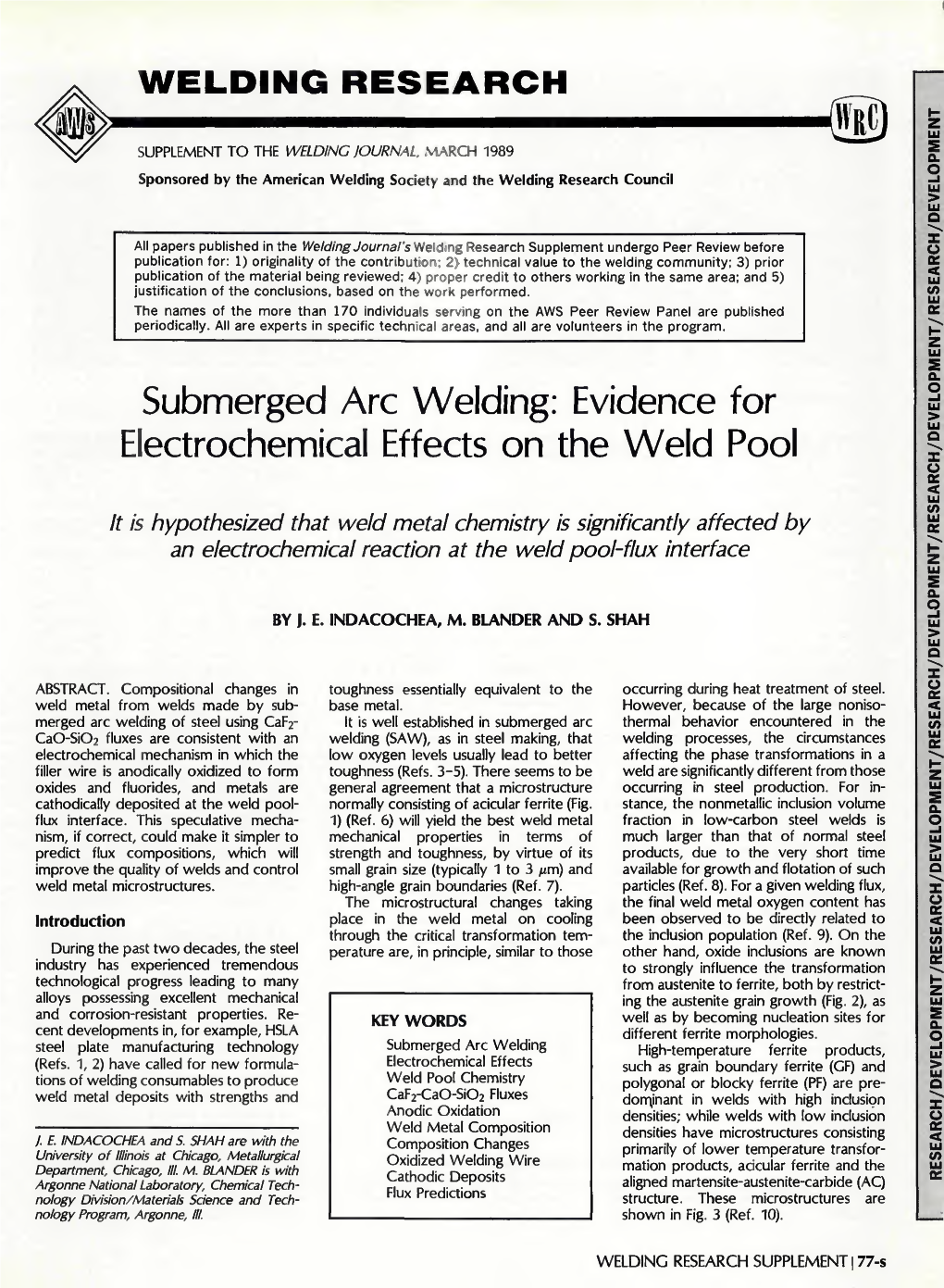 Submerged Arc Welding: Evidence for Electrochemical Effects on the Weld Pool
