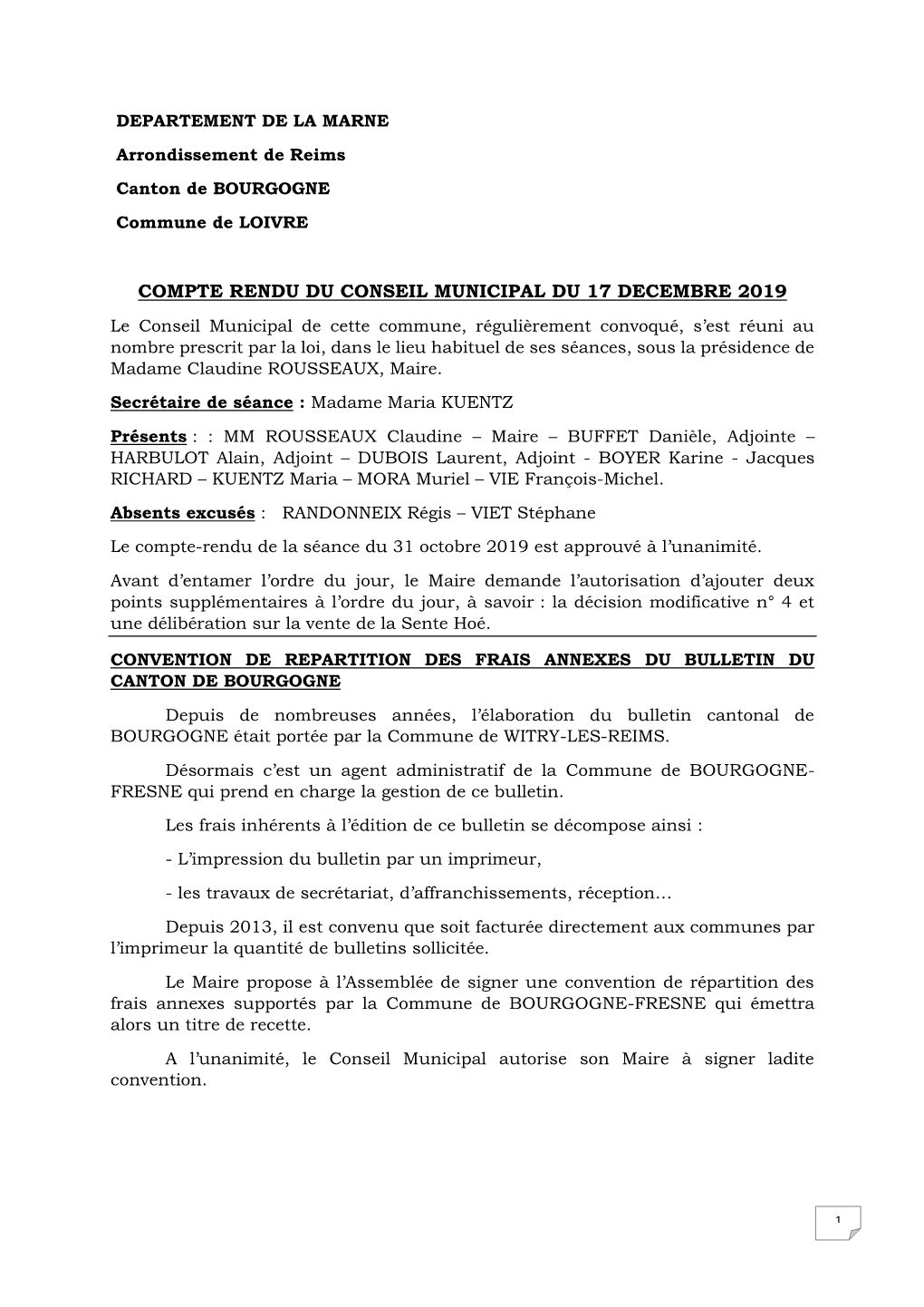 Compte Rendu Du Conseil Municipal Du 17 Decembre 2019