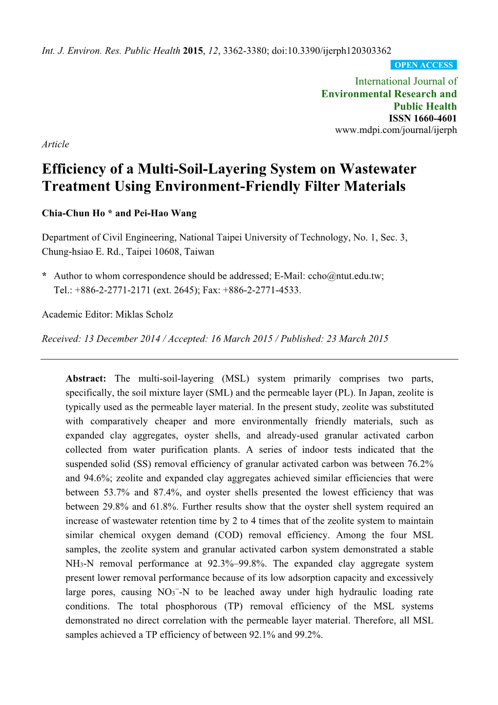 Efficiency of a Multi-Soil-Layering System on Wastewater Treatment Using Environment-Friendly Filter Materials