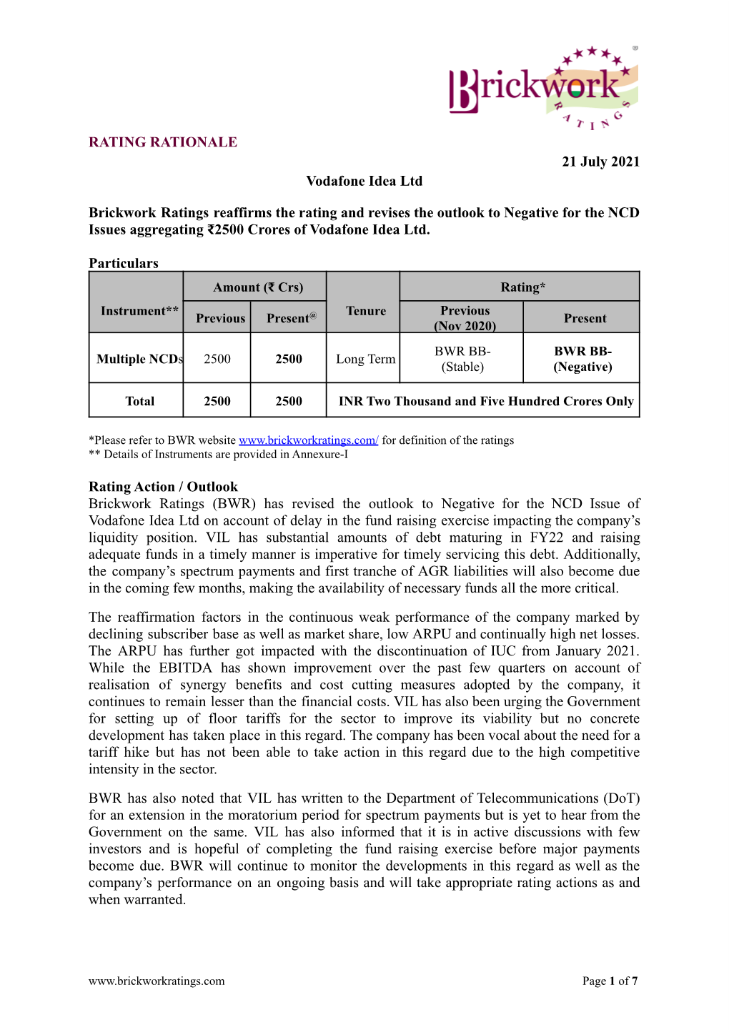 RATING RATIONALE 21 July 2021 Vodafone Idea Ltd Brickwork