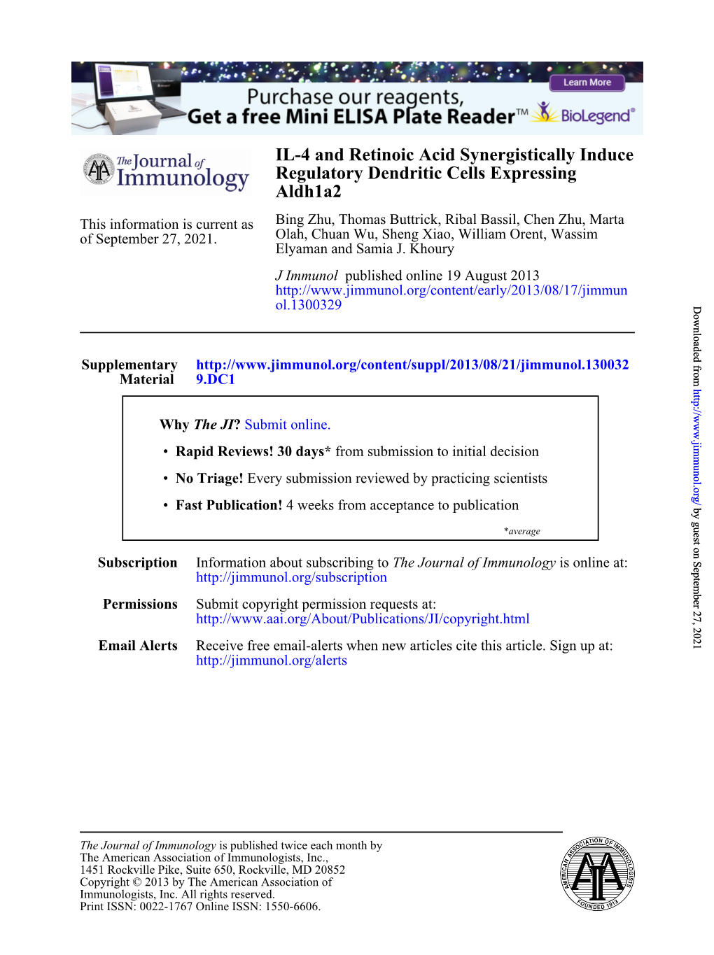 Aldh1a2 Regulatory Dendritic Cells Expressing IL-4 and Retinoic Acid