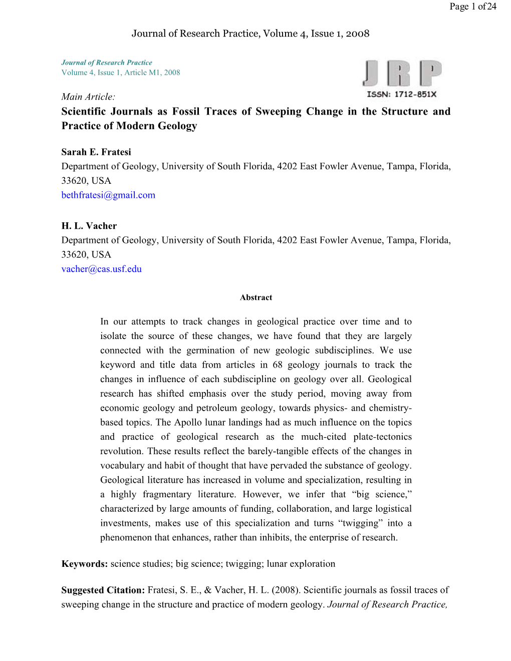 Scientific Journals As Fossil Traces of Sweeping Change in the Structure and Practice of Modern Geology