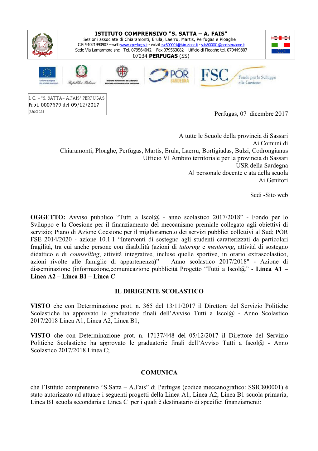 Chiaramonti, Ploaghe, Perfugas, M OGGETTO: Avviso Pubblico “Tutti A