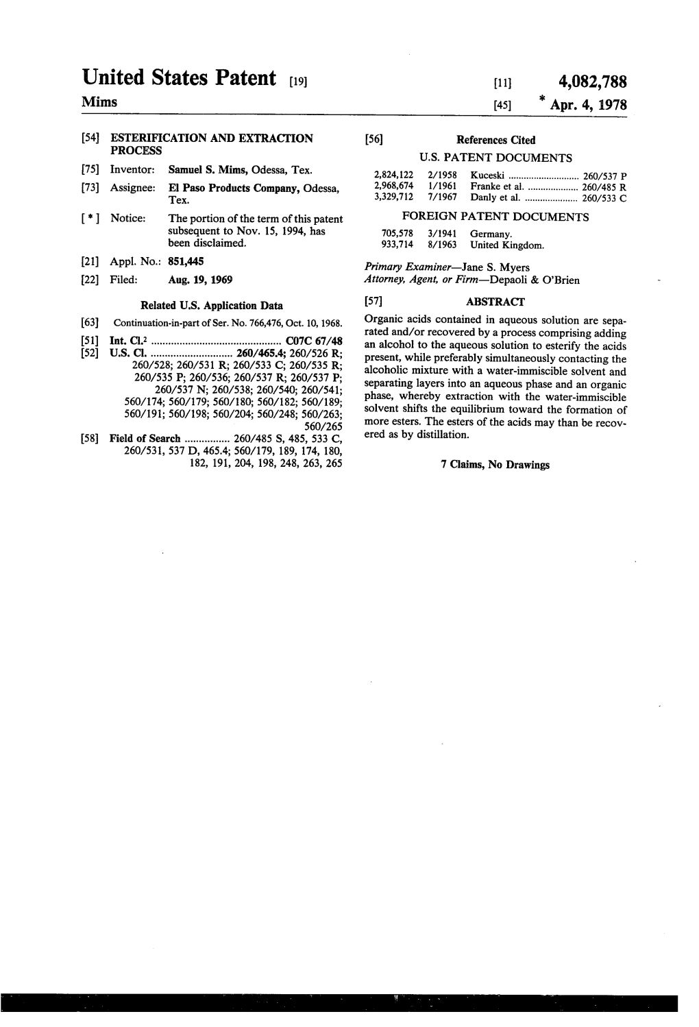 United States Patent (19) 11) 4,082,788 Mims 45) K Apr