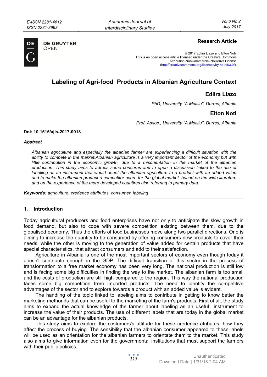 Labeling of Agri-Food Products in Albanian Agriculture Context