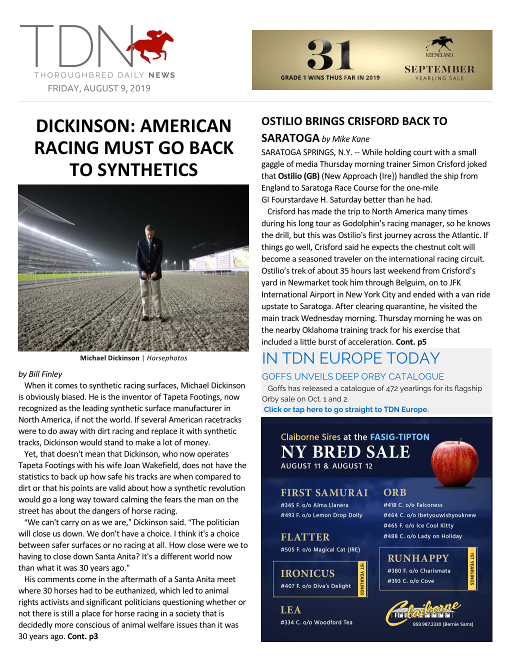 DICKINSON: AMERICAN OSTILIO BRINGS CRISFORD BACK to SARATOGA by Mike Kane RACING MUST GO BACK SARATOGA SPRINGS, N.Y