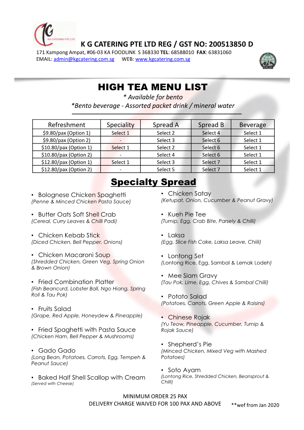 Specialty Spread HIGH TEA MENU LIST