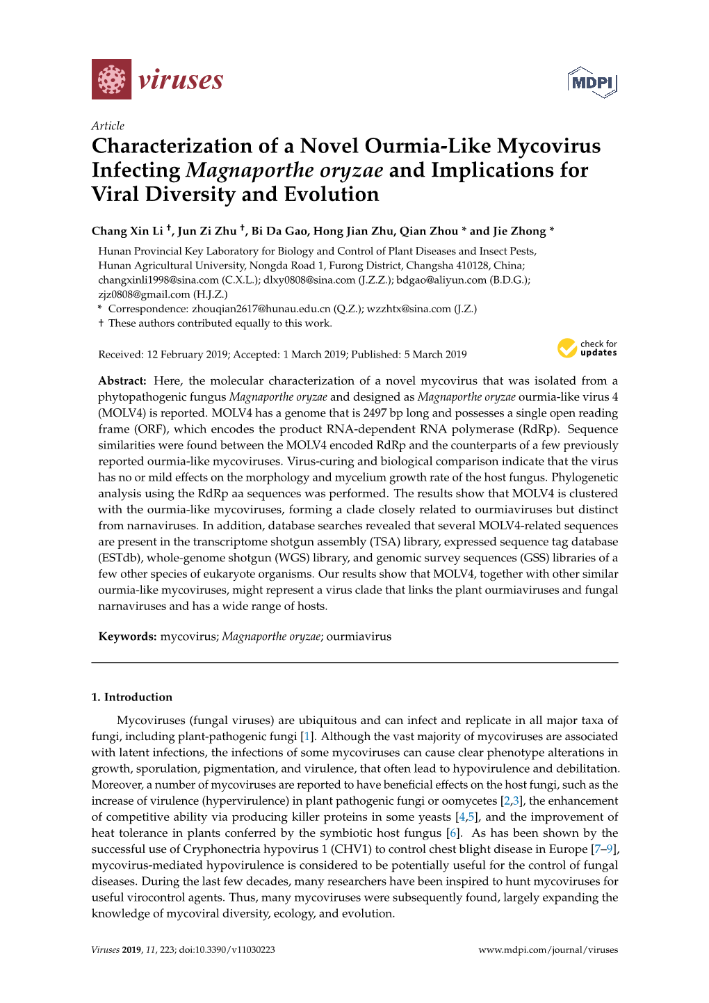 Characterization of a Novel Ourmia-Like Mycovirus Infecting Magnaporthe Oryzae and Implications for Viral Diversity and Evolution