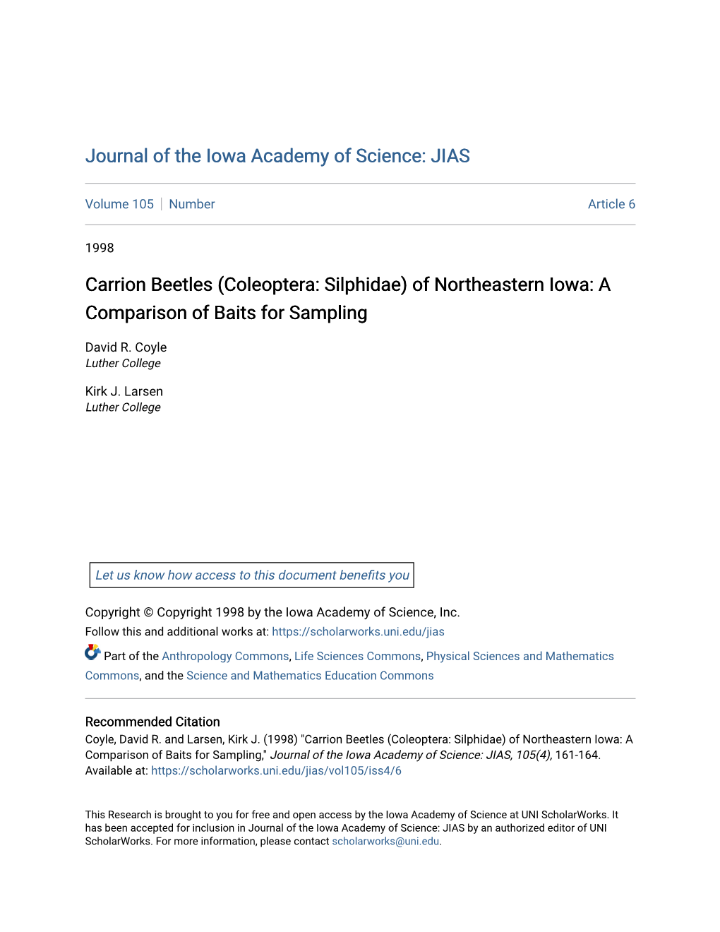 Carrion Beetles (Coleoptera: Silphidae) of Northeastern Iowa: a Comparison of Baits for Sampling