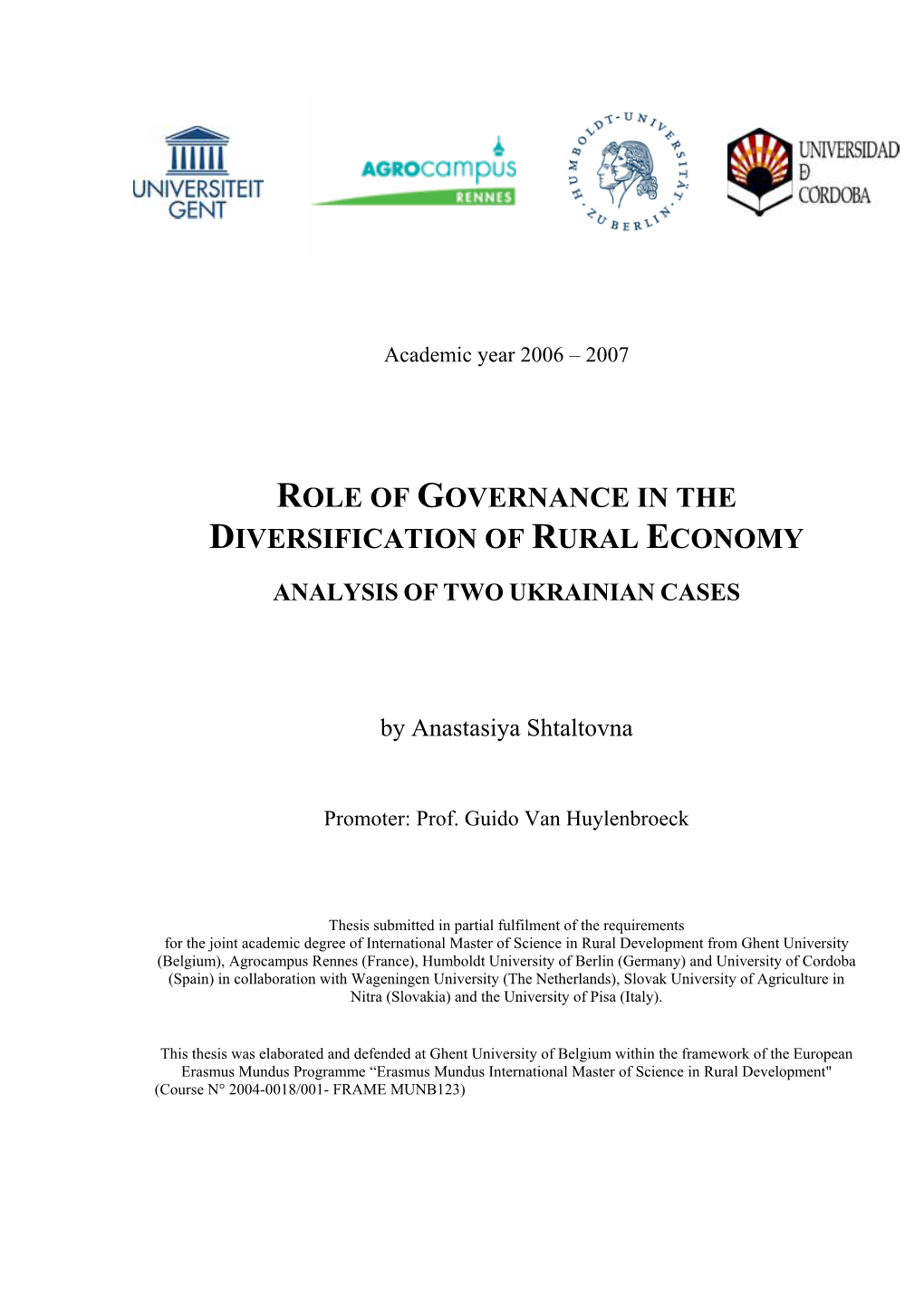 Role of Governance in the Diversification of Rural Economy