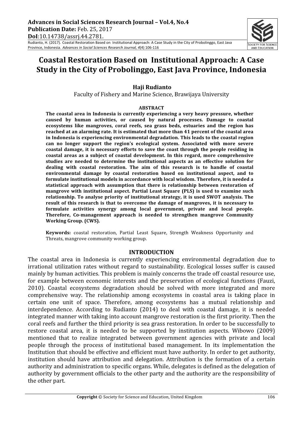 Coastal Restoration Based on Institutional Approach: a Case Study in the City of Probolinggo, East Java Province, Indonesia