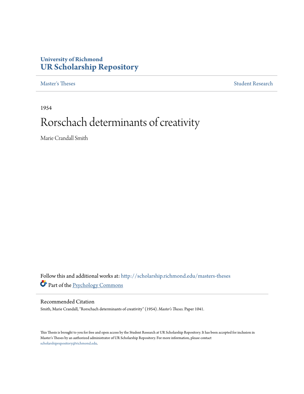 Rorschach Determinants of Creativity Marie Crandall Smith