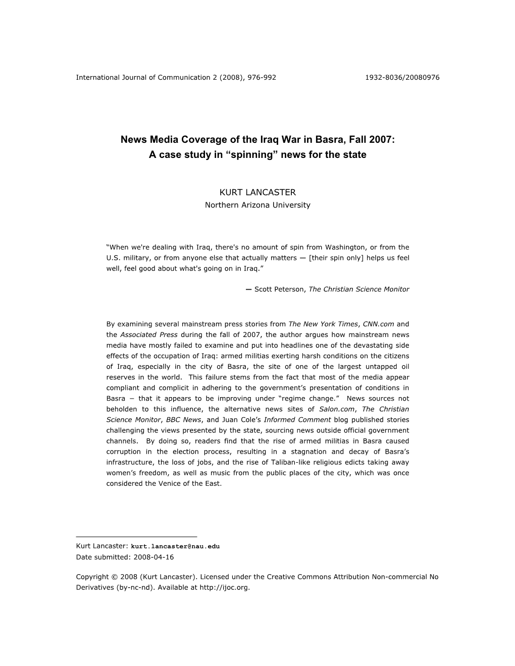 News Media Coverage of the Iraq War in Basra, Fall 2007: a Case Study in “Spinning” News for the State