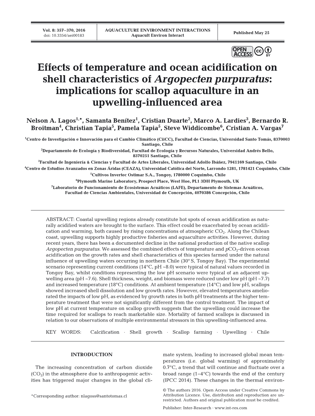 Effects of Temperature and Ocean Acidification on Shell Characteristics of Argopecten Purpuratus: Implications for Scallop Aquaculture in an Upwelling-Influenced Area