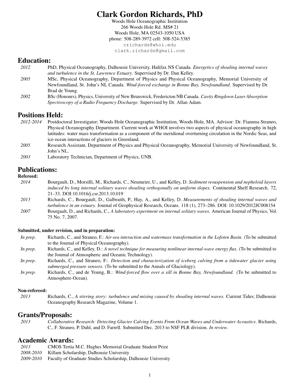 Clark Gordon Richards, Phd Woods Hole Oceanographic Institution 266 Woods Hole Rd