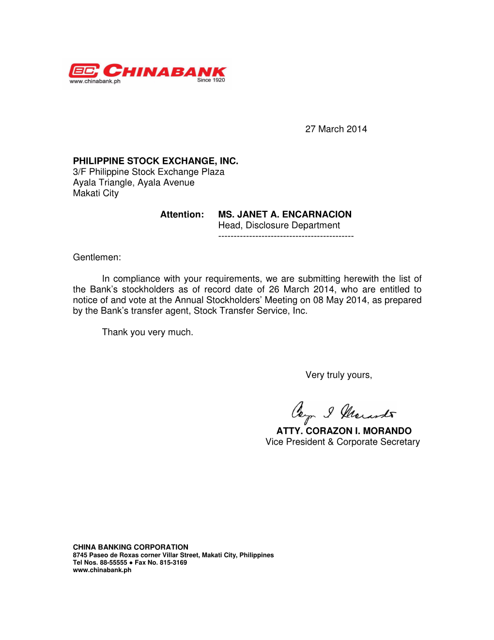 27 March 2014 PHILIPPINE STOCK EXCHANGE, INC. 3/F Philippine