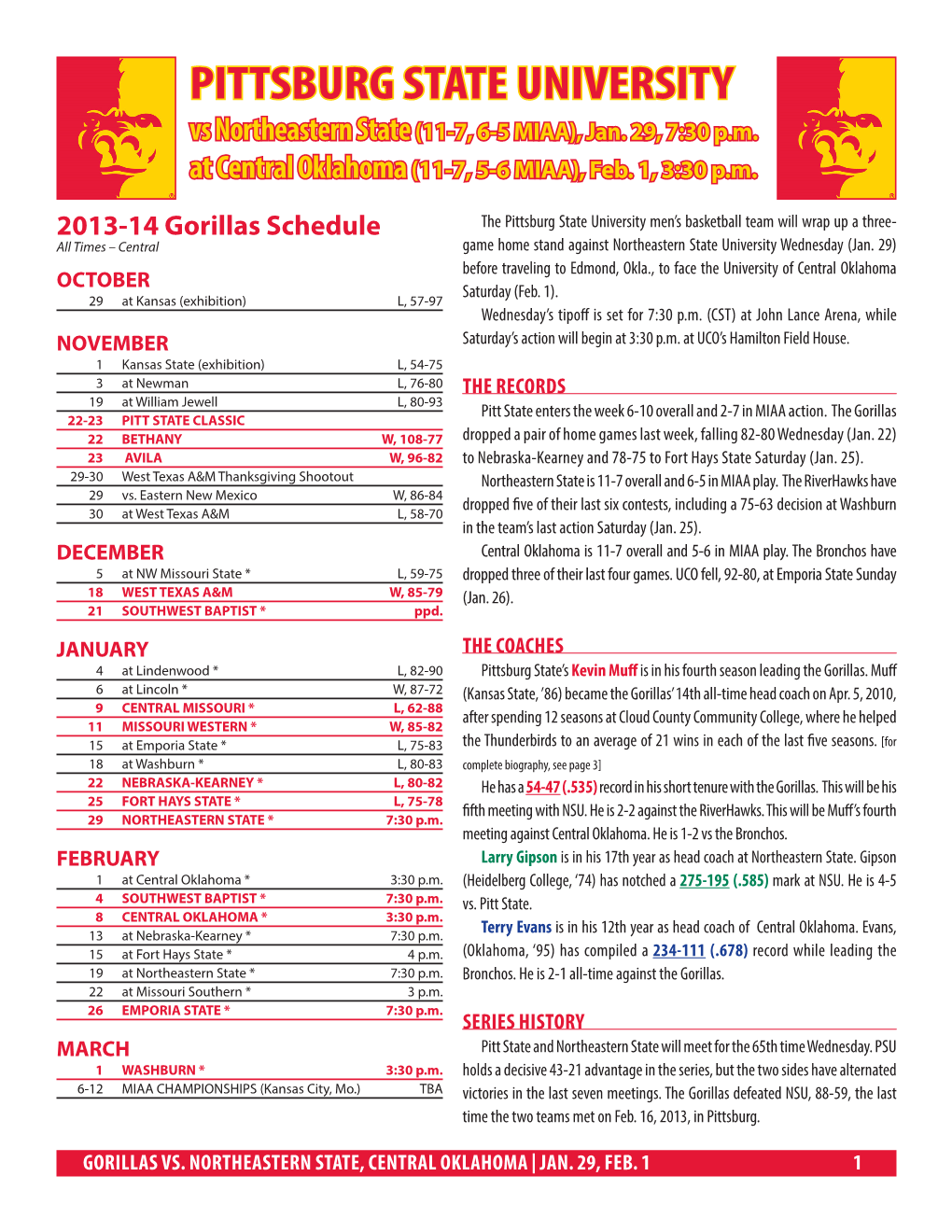 PITTSBURG STATE UNIVERSITY Vs Northeastern State (11-7, 6-5 MIAA), Jan