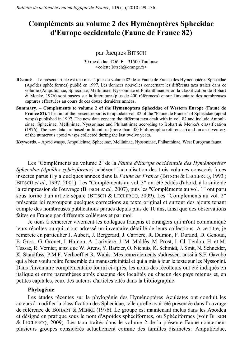 Compléments Au Volume 2 Des Hyménoptères Sphecidae D'europe Occidentale (Faune De France 82)