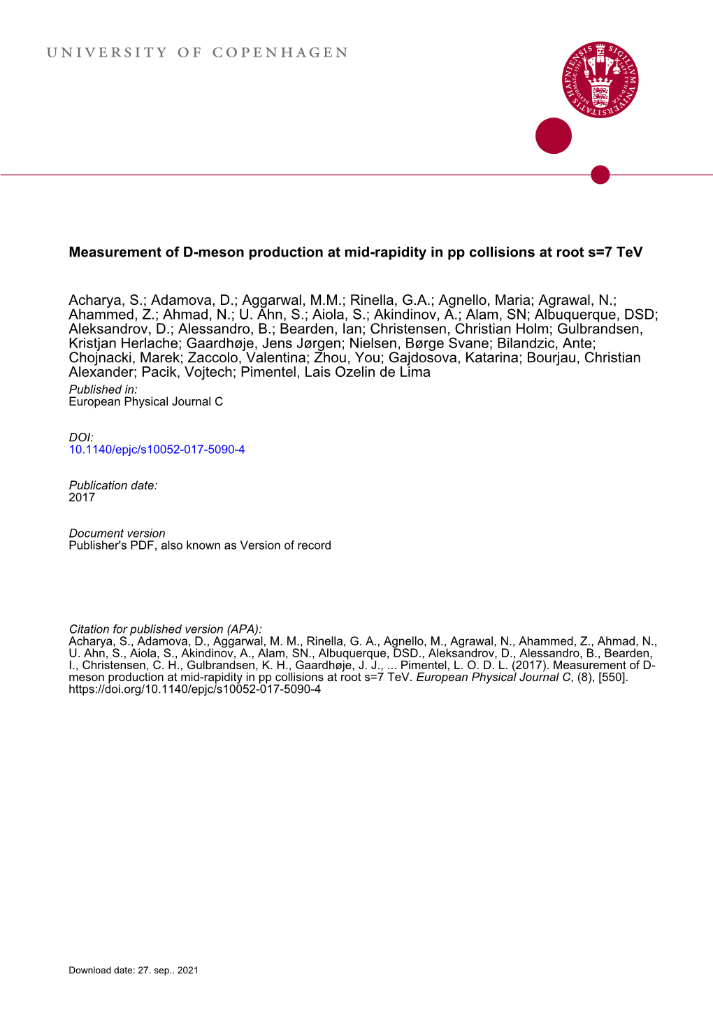 Measurement of D-Meson Production at Mid-Rapidity in Pp Collisions at Root S=7 Tev