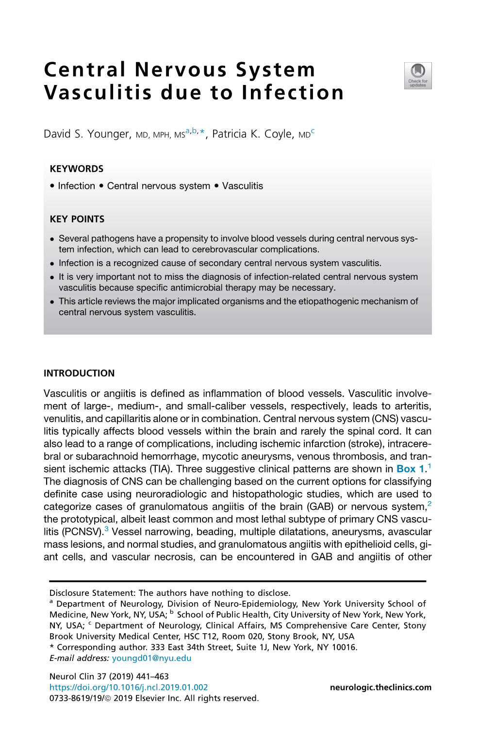 14. Central Nervous System Vasculitis Due to Infection. David S. Younger