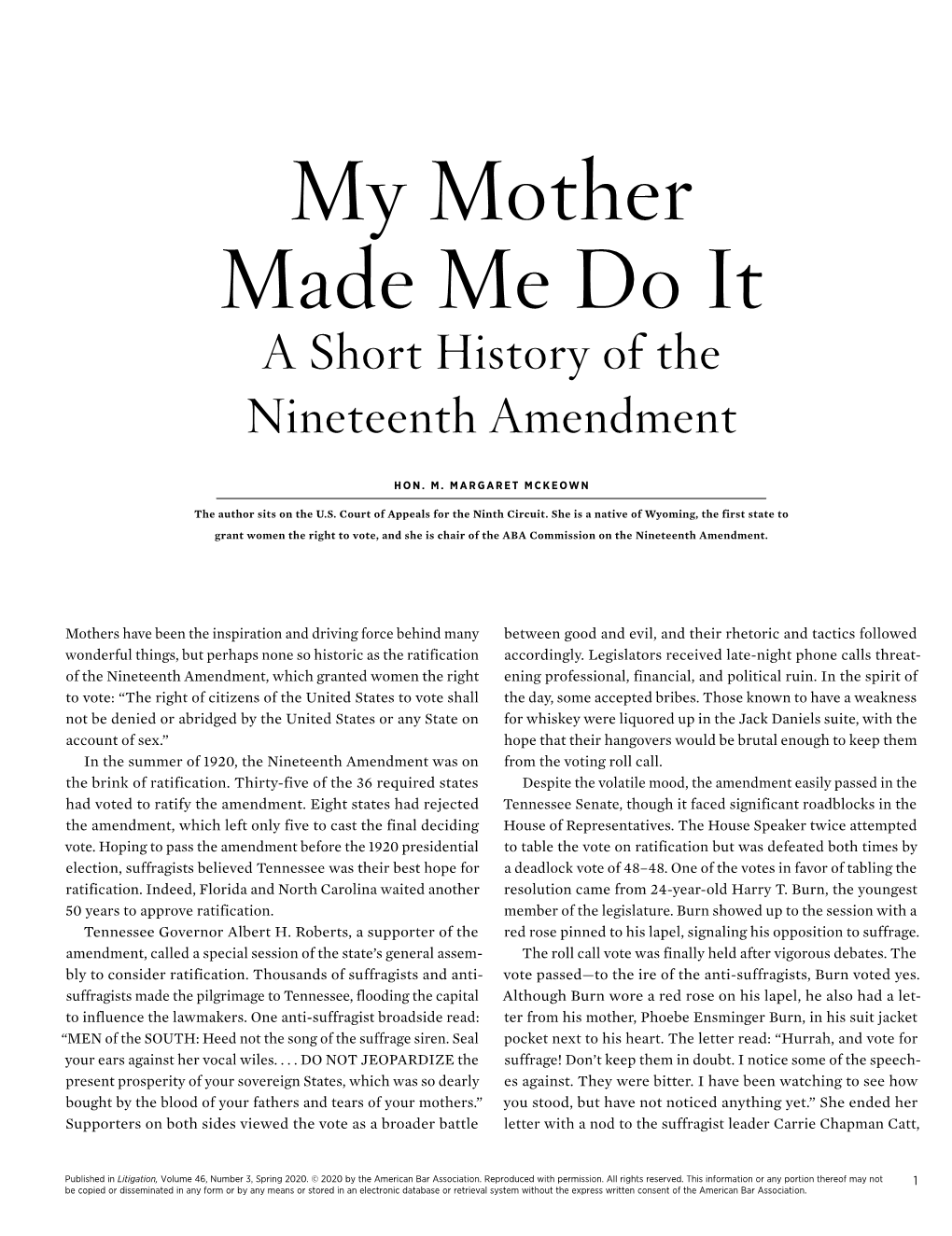 My Mother Made Me Do It a Short History of the Nineteenth Amendment