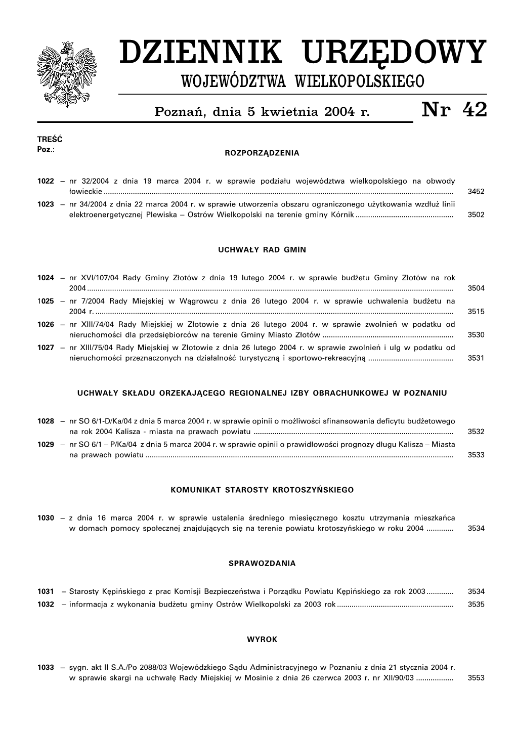WOJEWÓDZTWA WIELKOPOLSKIEGO Poznañ, Dnia 5 Kwietnia 2004 R