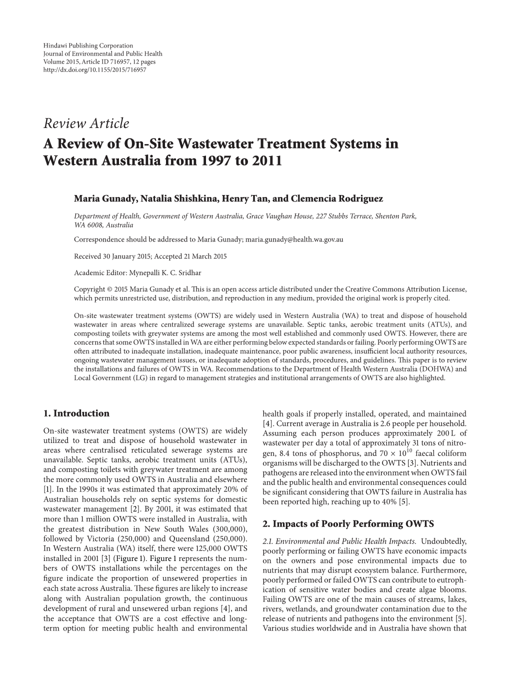 A Review of On-Site Wastewater Treatment Systems in Western Australia from 1997 to 2011