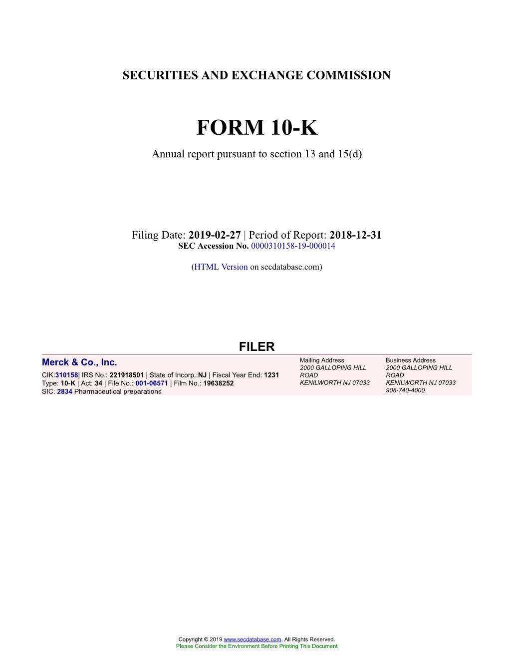 Merck & Co., Inc. Form 10-K Annual Report Filed 2019-02-27