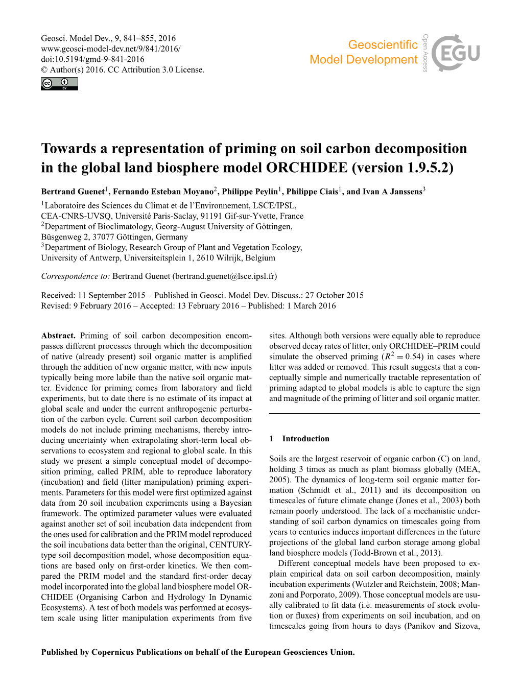 Towards a Representation of Priming on Soil Carbon Decomposition in the Global Land Biosphere Model ORCHIDEE (Version 1.9.5.2)