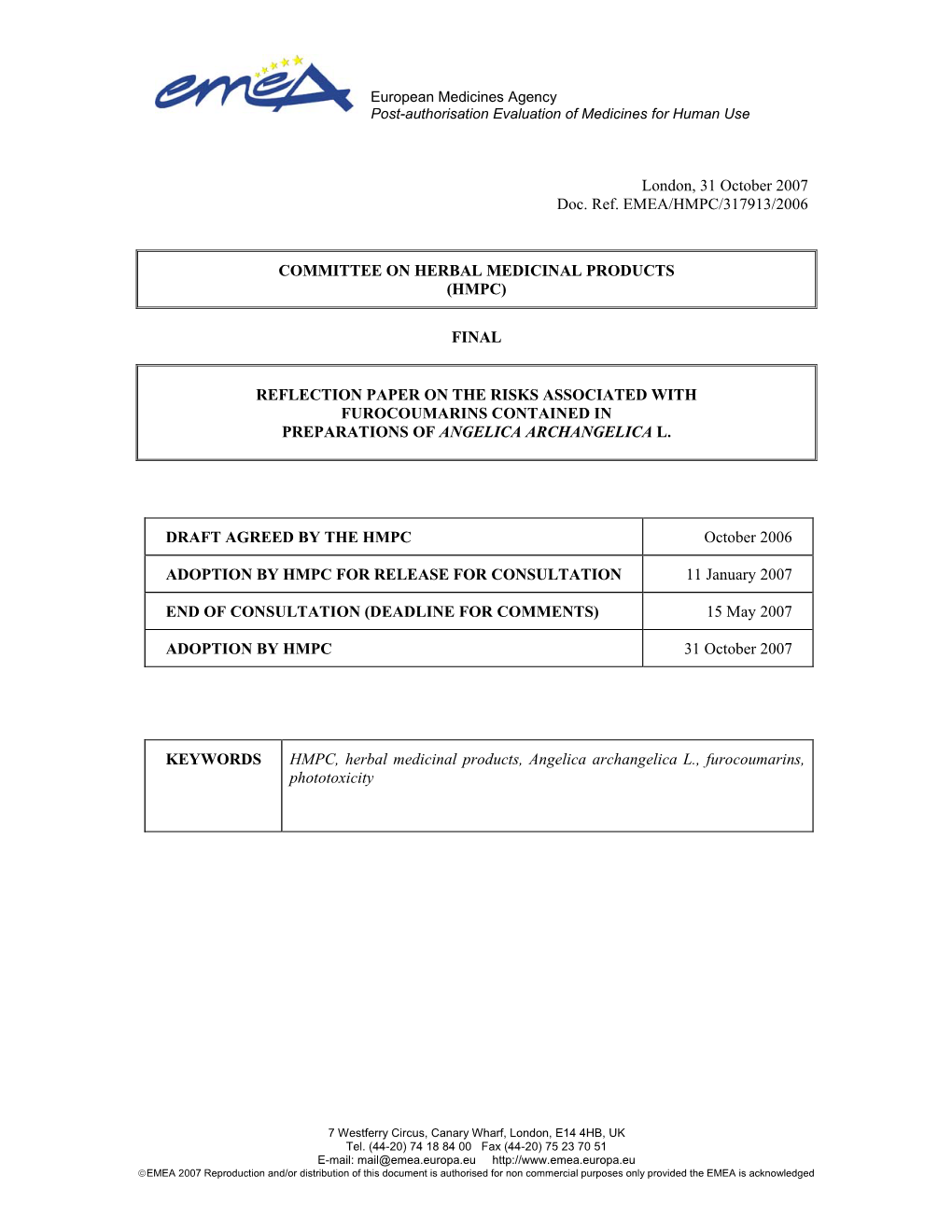 Reflection Paper on Risk Associated with the Use of Herbals Containing