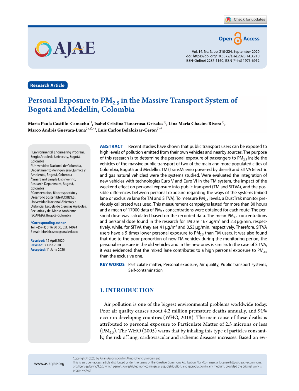 Personal Exposure to PM2.5 in the Massive Transport System of Bogotá and Medellín, Colombia