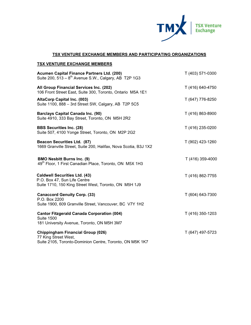 Tsx Venture Exchange Members and Participating Organizations