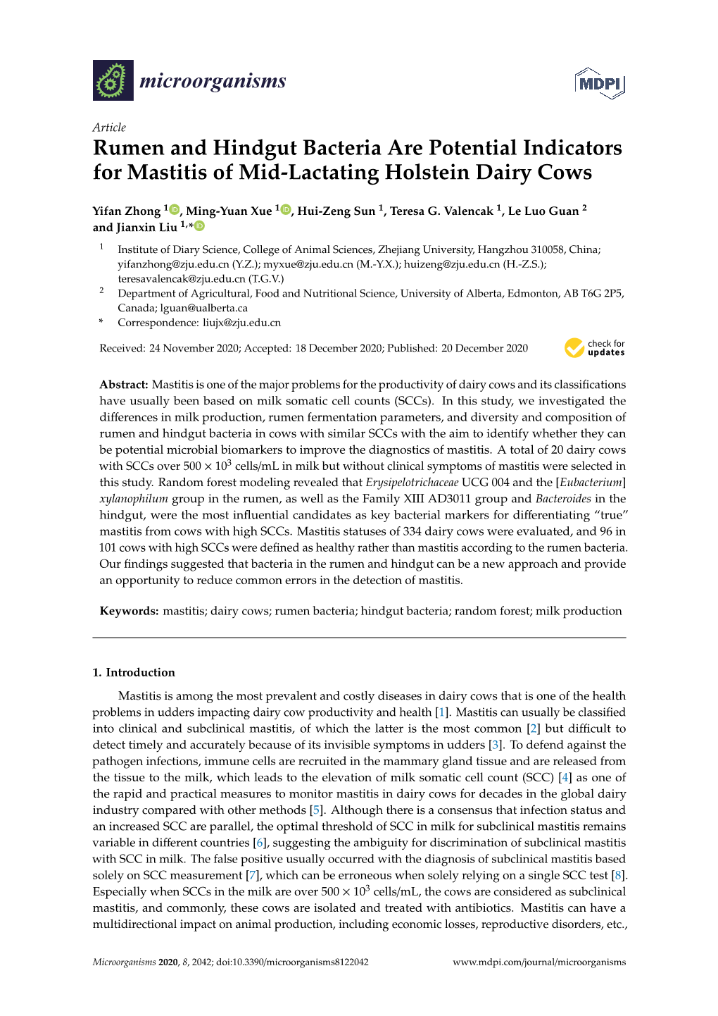 Rumen and Hindgut Bacteria Are Potential Indicators for Mastitis of Mid-Lactating Holstein Dairy Cows