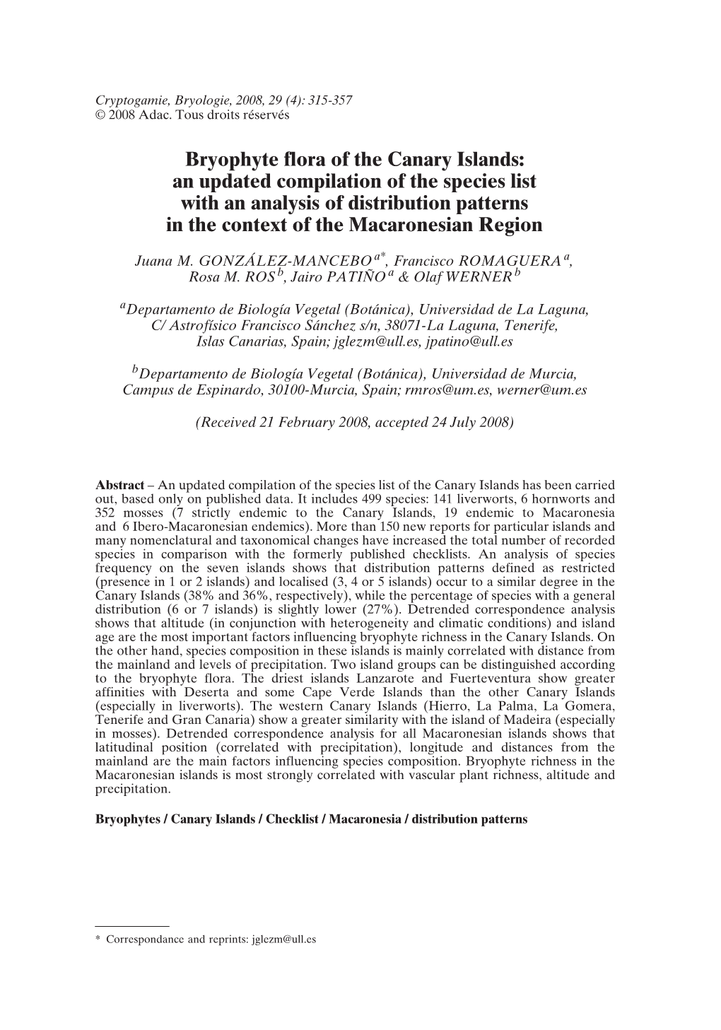 Bryophyte Flora of the Canary Islands: an Updated Compilation of the Species List with an Analysis of Distribution Patterns in the Context of the Macaronesian Region