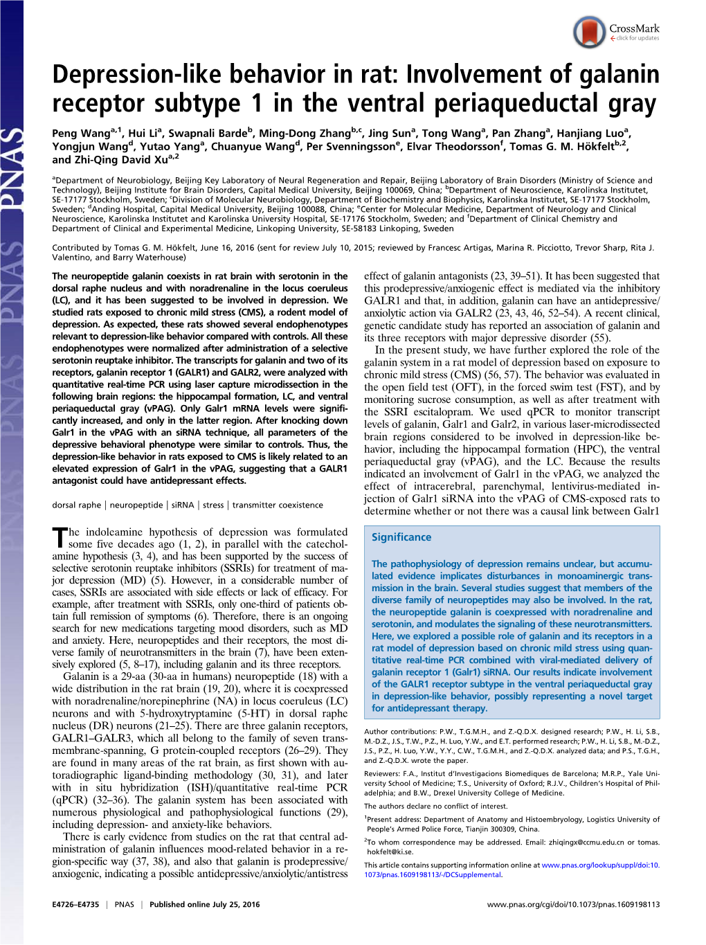 Depression-Like Behavior in Rat: Involvement of Galanin Receptor Subtype 1 in the Ventral Periaqueductal Gray